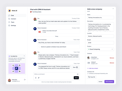 CRM AI Assistant — Hints AI ai agent ui ai assistant ai generated ui chat interface chat ui crm generative interface generative ui llm voice assistant voice chat