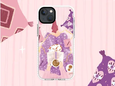 Ohmycase x Florisillustrations : cosy moment book lover cat illustration cosy illustration digital art freelance illustrator french illustrator ohmycase pastel colors pink procreate