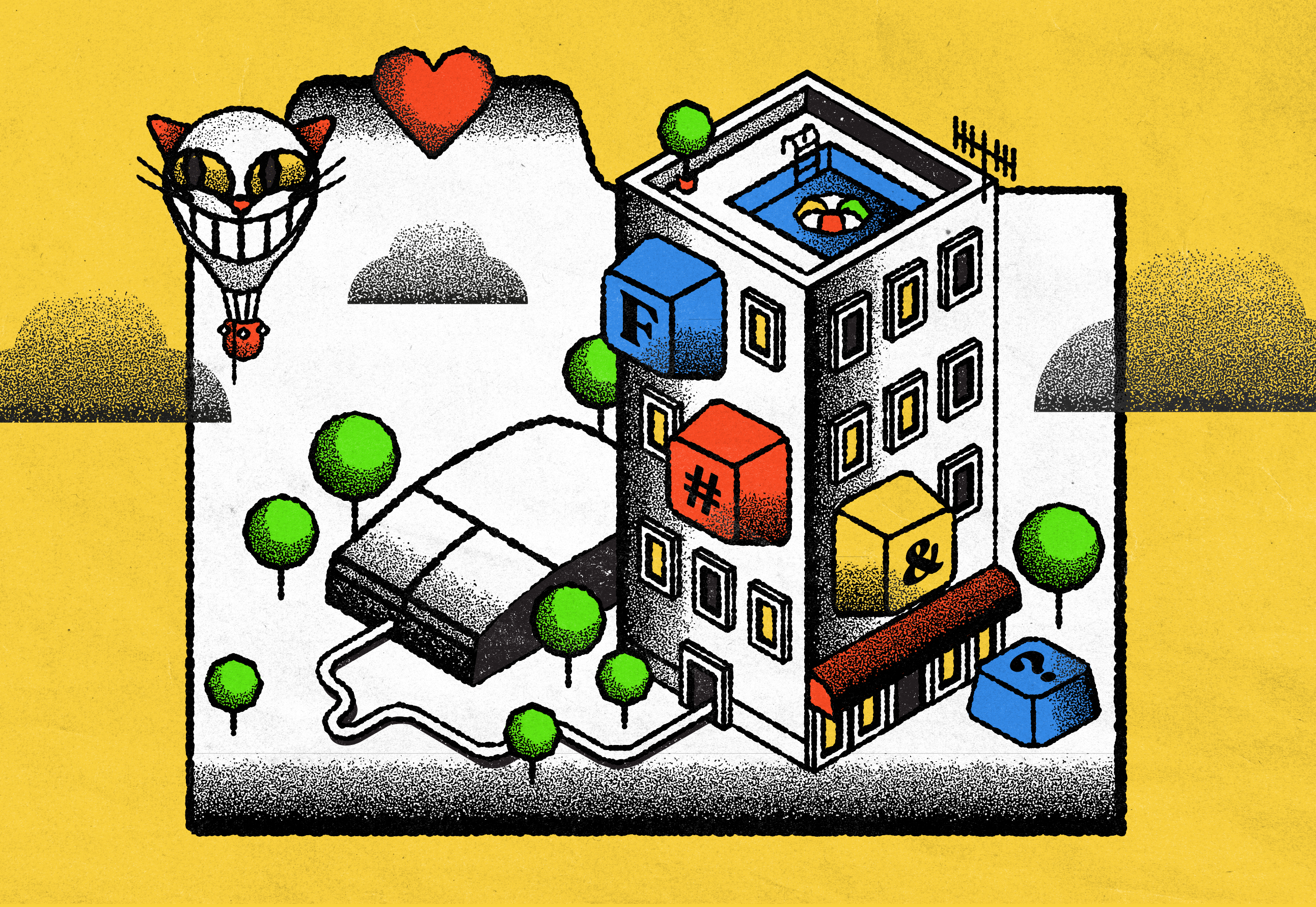 Editorial 09. cat editorial illustration isometric noise noisy outline retro texture vintage computers wfh