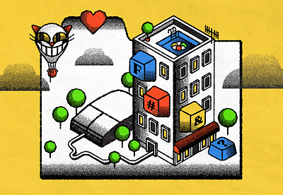 Editorial 09. cat editorial illustration isometric noise noisy outline retro texture vintage computers wfh