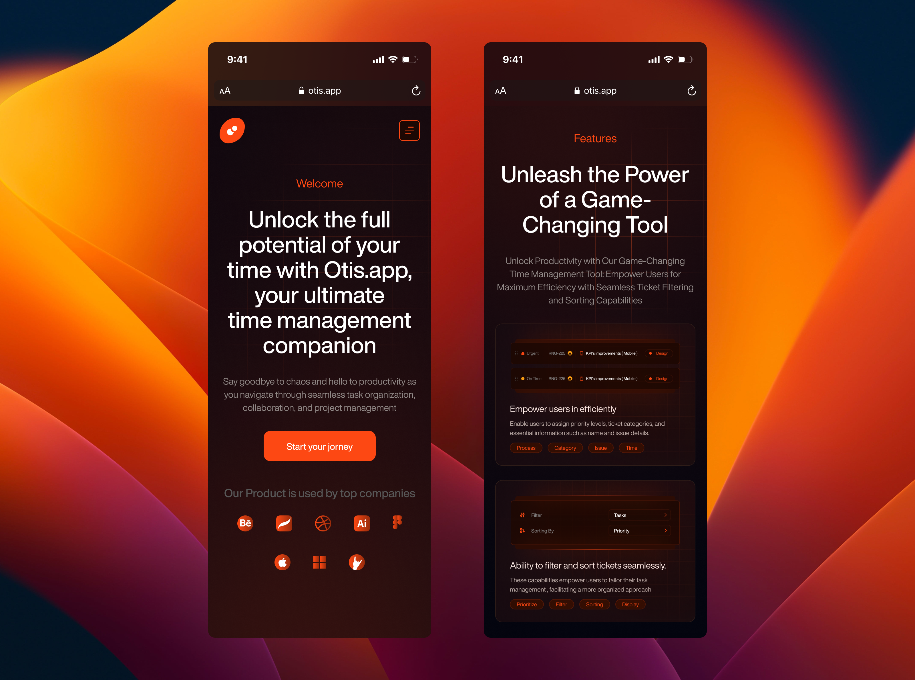 Responsive Design - Tracking Tool dark dark mobile application mobile app mobile application mobile dark mobile management tool mobile time management tool orange orange mobile app dsign orange web design responsive design