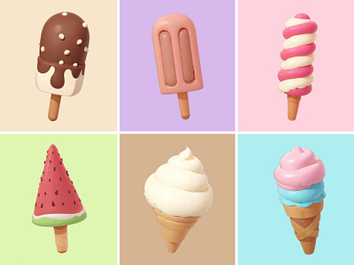 Ice Cream Icon Cartoon Illustration 3d candy cartoon chocolate cool cute ice cream icon illustration lolipop pastel rendering stick watermelon