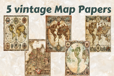 5 Vintage Map Digital Papers 3d abstract art aesthetic aesthetic print aesthetic printable aesthetic wall art animation artist branding design digital paper graphic design illustration logo map motion graphics paper ui