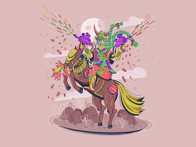 cyberpunk demon on a unicorn anime asiam character character design concept concept art cyberpunk design fantastic fantasy flat illustration japanese magic manga rider sci fi style vector warrior