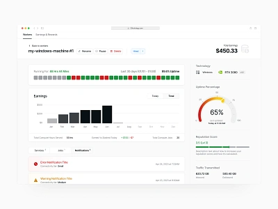 Cluster Earnings - DePIN solving AI compute shortage ai blockchain cluster dashboard depin development enterprise gpu minimal product design saas software ui ux ux design web app web3