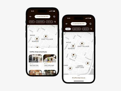 Coffee Shop Locator: Interactive Map app design apple business card challenge clean coffee dailyui dailyuichallenge design interface map minimalist mobile mobile app product design search tech ui ux