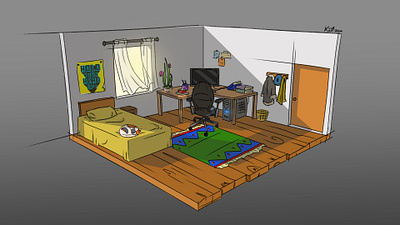 A programmer's room 2d art 2d artist 2d illustration 2d illustrator bedroom cartoon concept art digital art digital artwork digital painting environment design graphic design illustration illustrator interior design photoshop sketching sketchup