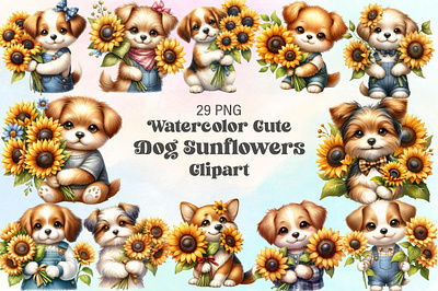 Watercolor Cute Dog Sunflowers Clipart miniature schnauzer