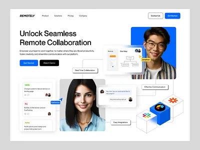 Remote Collaboration SaaS - Landing Page app design branding collaboration communication design figma graphic design hero design hero section illustration landing design landing page design project management remote remote work saas ui ux web design