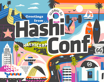 Greetings from HashiConf abstract bold branding colorful illustration logo postcard technology us cities