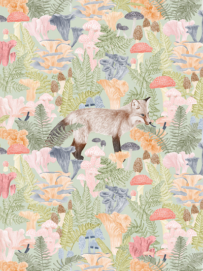 Red Fox in a Forest of Mushrooms and Ferns Illustratio artistic nature scene botanical drawing fauna illustration ferns forest flora forest mushrooms forest wildlife fox art fox in nature fox sketch fungi mushroom pattern nature scene wallpaper nature wallpaper red fox wall art whimsical illustration woodland creatures woodland fauna woodland wallpaper