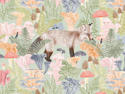 Red Fox in a Forest of Mushrooms and Ferns Illustratio artistic nature scene botanical drawing fauna illustration ferns forest flora forest mushrooms forest wildlife fox art fox in nature fox sketch fungi mushroom pattern nature scene wallpaper nature wallpaper red fox wall art whimsical illustration woodland creatures woodland fauna woodland wallpaper