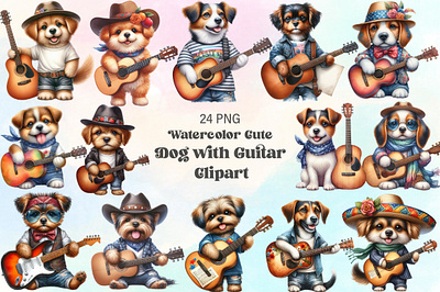 Watercolor Cute Dog With Guitar Clipart