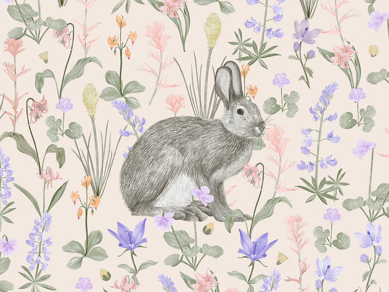 Graceful Snowshoe Hare in a Botanical Garden Illustration botanical art botanical illustration bunny in garden fauna and flora floral background garden animal art garden wildlife art greeting card hare in habitat meadow flowers naturalistic drawing nature artwork pastel botanicals rabbit illustration rabbit sketch snowshoe hare springtime flora wall art wildflower pattern wildlife wallpaper