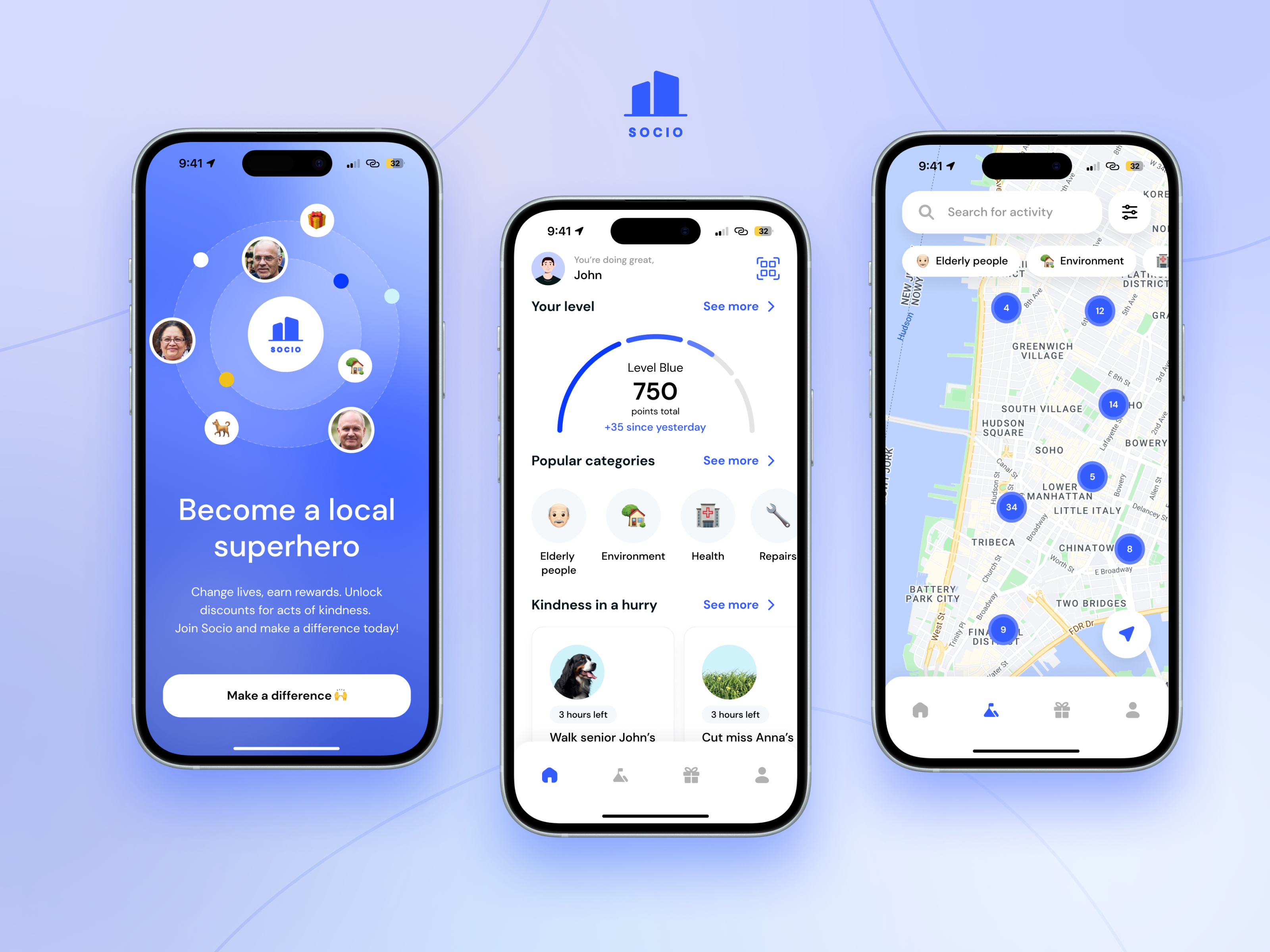 Socio - Social Help App app clean design everyday future help mobile rewards social superhero ui ux
