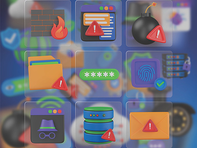 Cyber Security 3D Icon Set 3d cyber crime cyber security database virus email warning file virus firewall graphic design harmful warning icon illustration incognito password pc scanning private browsing scanning security warning ui web page web page scam