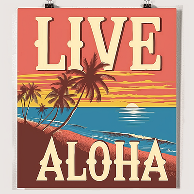 Live Aloha Hawaii Travel Poster Mockup beach branding design downloadable graphic design hawaii illustration poster simple colors tshirt design wall art