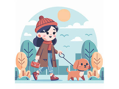 Woman Walking the Dog Outdoors Illustration animal awareness blind daytime dog event guide happy human illustration outdoor pets puppy training vector walking woman