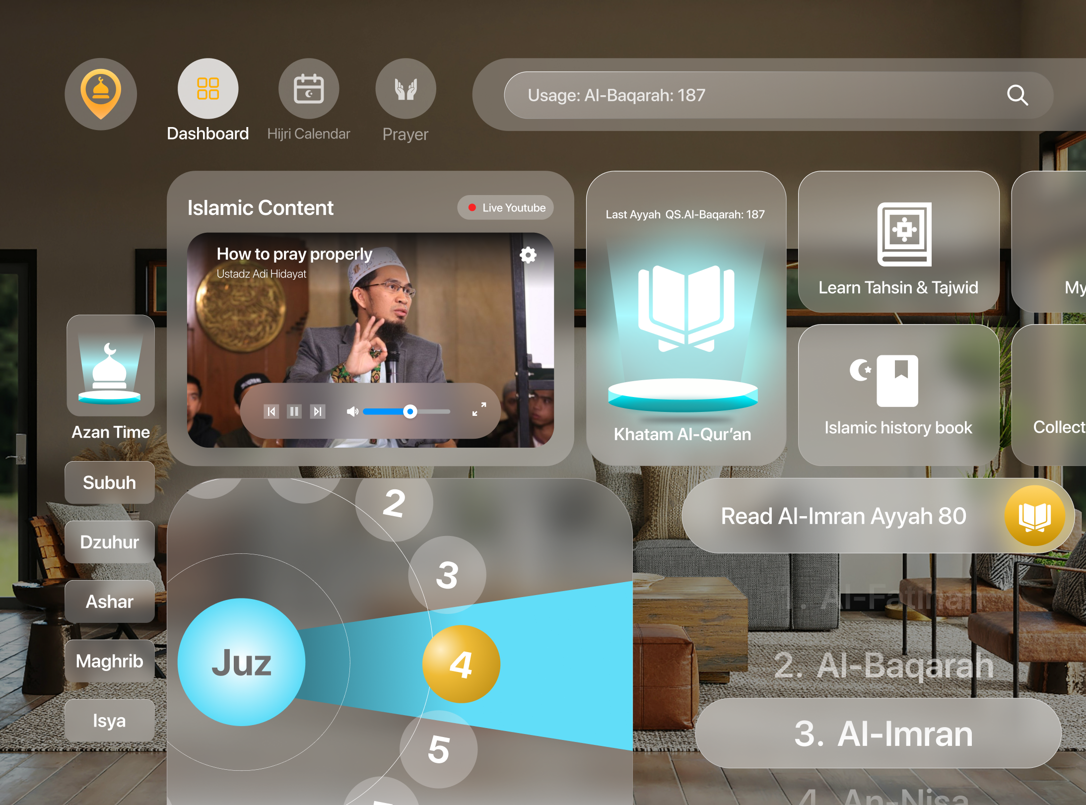 Al-Qur'an Digital - App Dashboard Page apple ar clean dashboard glassmorphism iot islamic muslim quran ui ux ui design ux vision pro vr web website