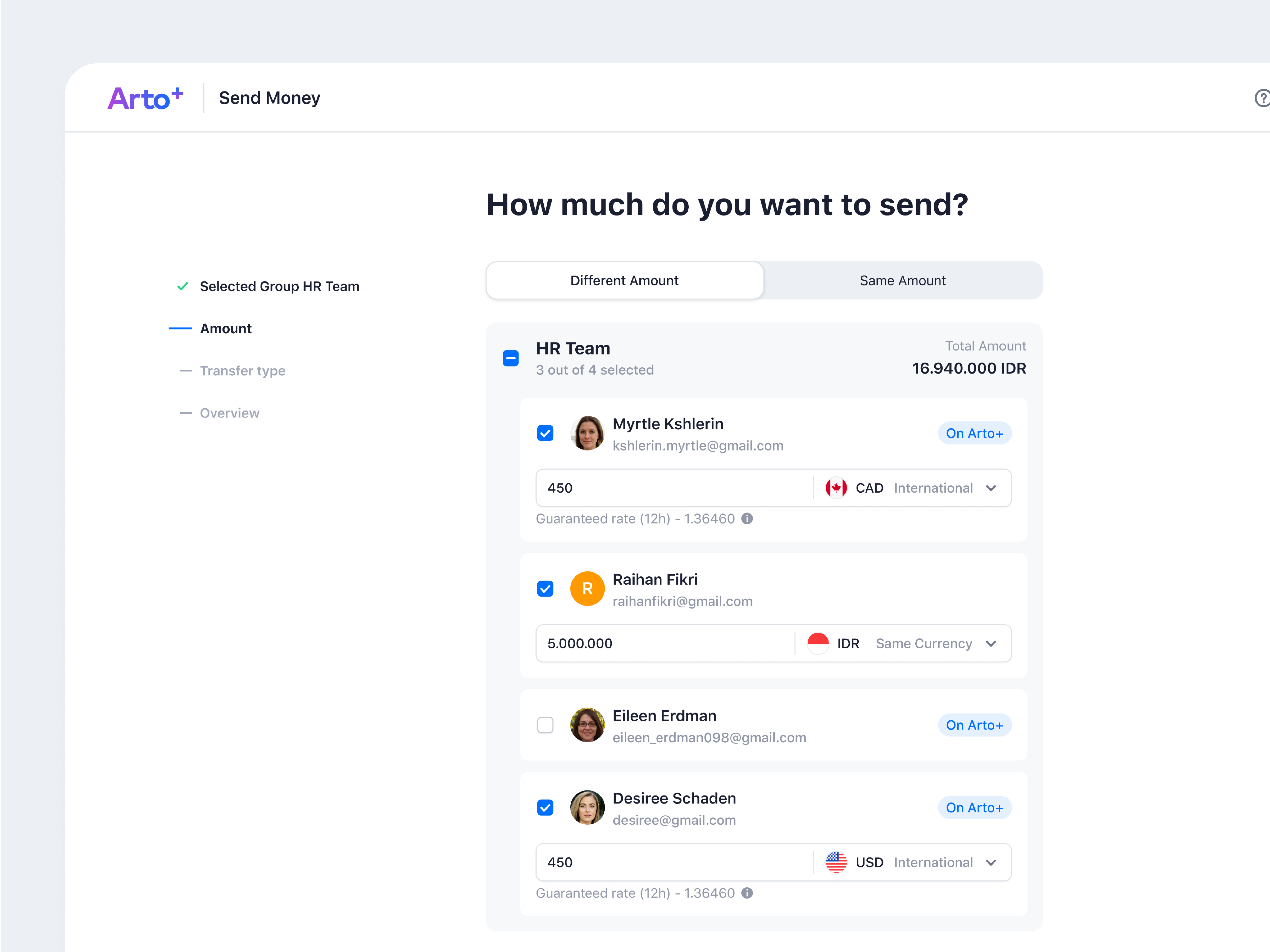 Arto Plus - Bulk Money Transfer - Amount app bulk money transfer enter amount financial management payment product design recipient saas ui ux web design