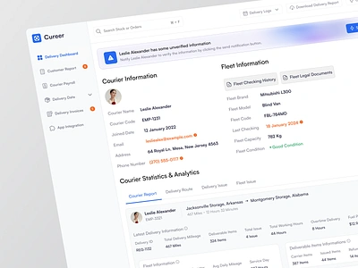 Cureer - Personal Information Page admin admin delivery admin delivery dashboard courier courier dashboard courier detail page courier information courier personal information courier tracker dashboard delivery design package payroll personal information product design saas ui ui design uiux