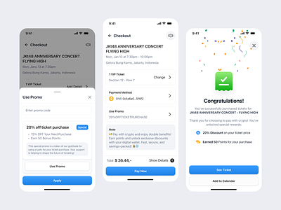 Check Out Flow - Crypto Payment Revolution for Event Ticketing add calendar apps check out clean design ios mobile pay now payment payment method promo purchase see ticket swift ticketing ui use promo ux web3