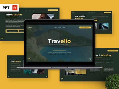 Travelio - Travel Powerpoint Templates green infographic nature portfolio powerpoint presentation