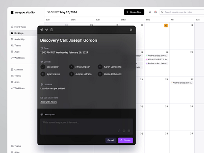 Calendar App Scheduling Popup app b2b book booking calendar clean crm desktop interaction modern product design saas schedule scheduling ui ux web app