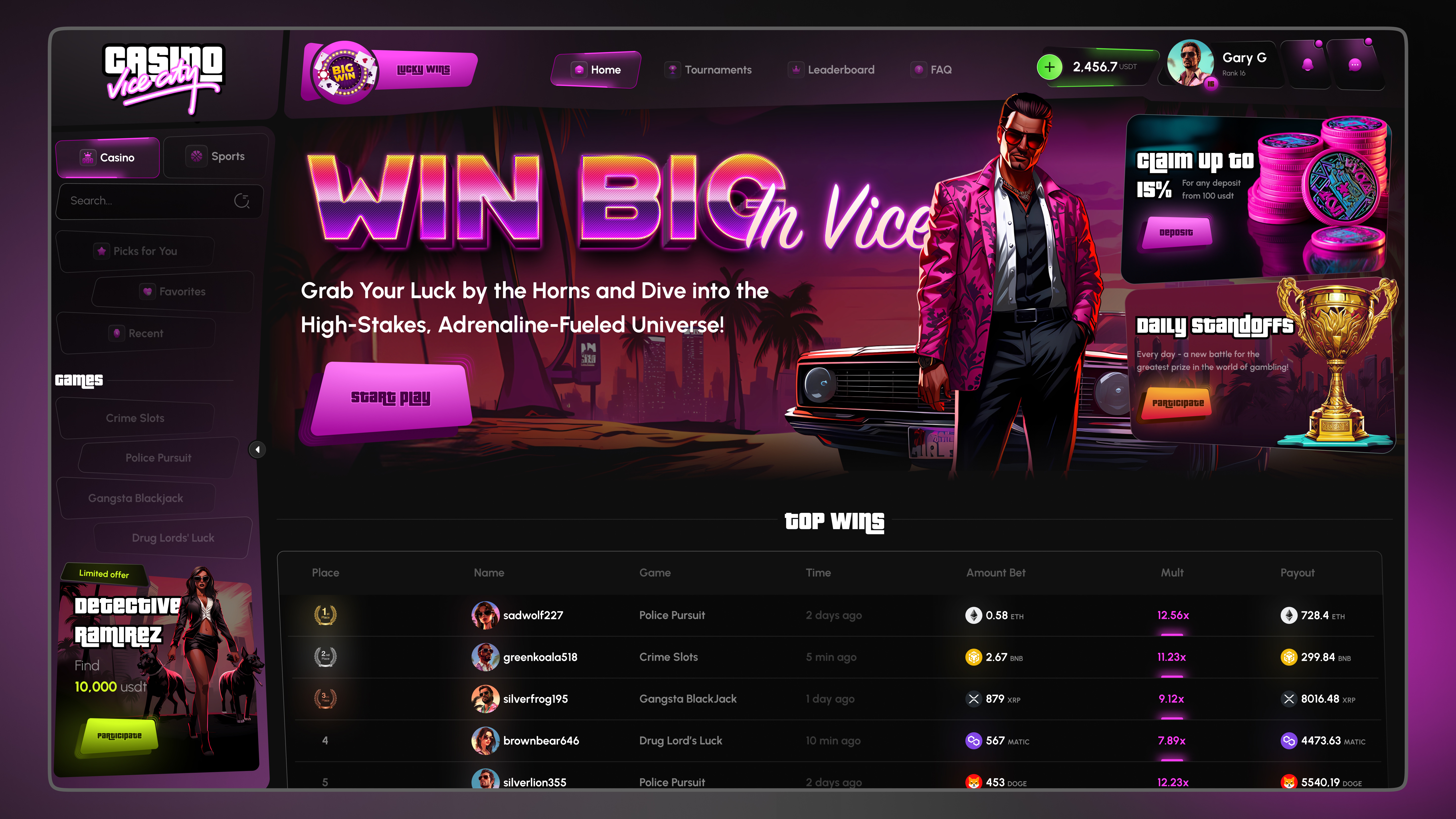 Casino Vice City betting casino casino banners casino dashboard casino games ui casino illustrations casino ui crypto casino gambling game ui gta gtacasino igaming online casino slots ui web3 web3 casino