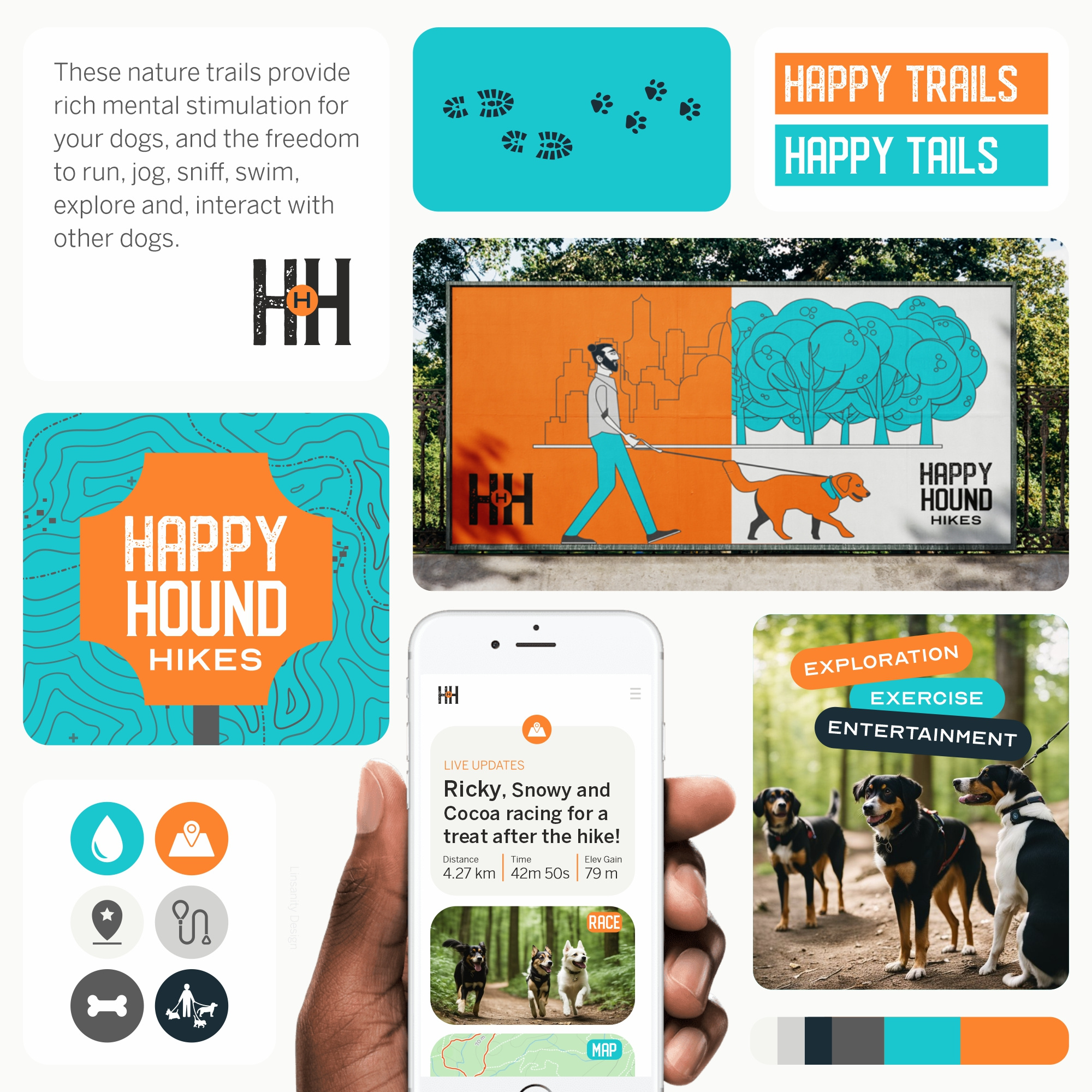 Happy Hound Hikes art direction bentobox bentogrid blue blue orange blue orange grey brand specialist branding dog business graphic design happy illustration logo logo design nature inspired orange