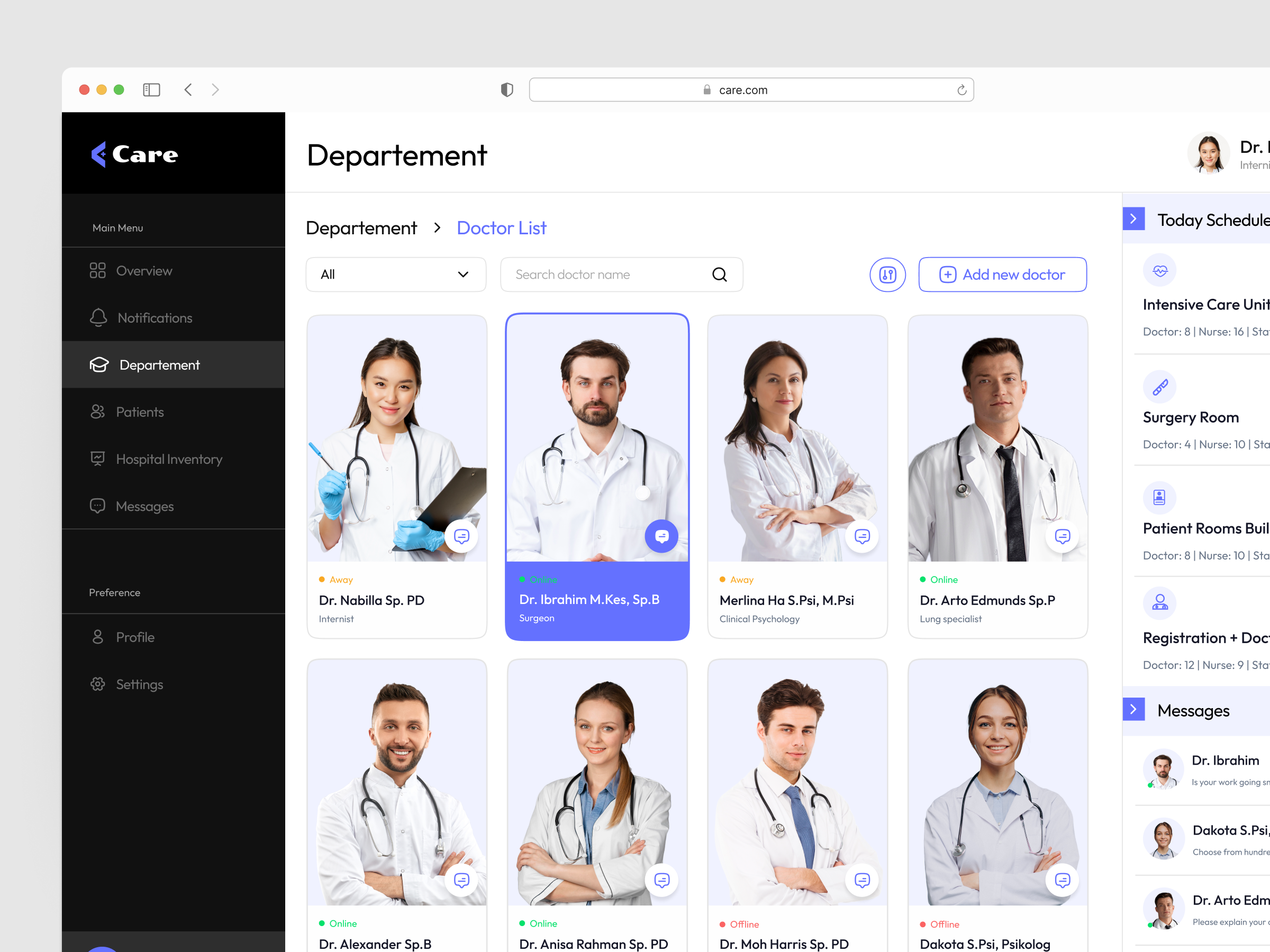 Care - Hospital Management Dashboard clean dashboard clean ui dashboard design doctor doctor list figma graphic design hospital app hospital dashboard hospital departement hospital management minimal ui ui design ui ux ui ux design
