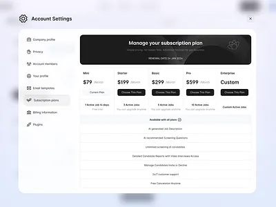 Account Settings Subscription Plans ui
