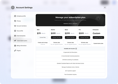 Account Settings Subscription Plans ui