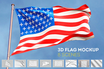 3D Flag Mock-Up 3d flag mock up advertising american flag banner branding clouds country fabric flag flag mock up flagpole logo mockup oudoor print shop template