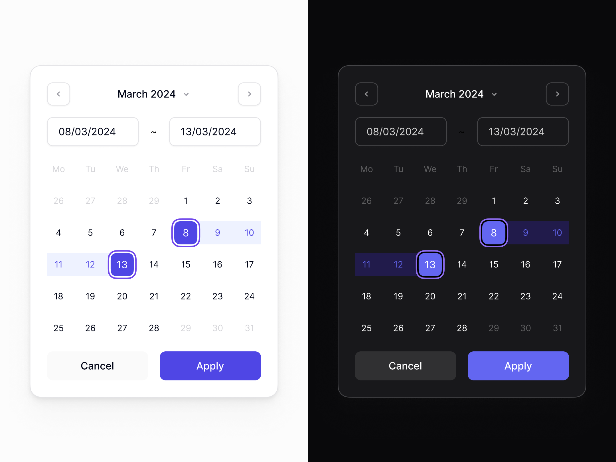 Date Picker Light & Dark - AuroraUI auroraui dark date date picker design system figma interface light theme ui ux