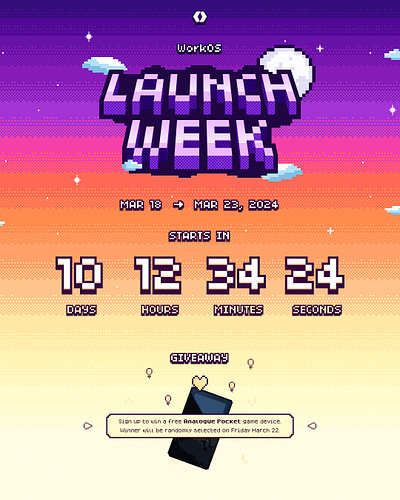 WorkOS - Launch Week Website 8 bit 8 bit website animation colorful landing page launch week launch week website pixel art pixel art website rive saas workos