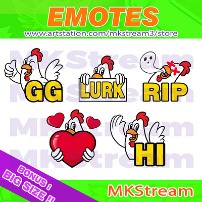 Twitch emotes chicken rooster hi, gg, rip, lurk & love pack animated emotes anime branding chicken chicken emotes cute design emote emotes gg hype illustration logo love lurk rip rooster rooster emotes sub badge twitch emotes