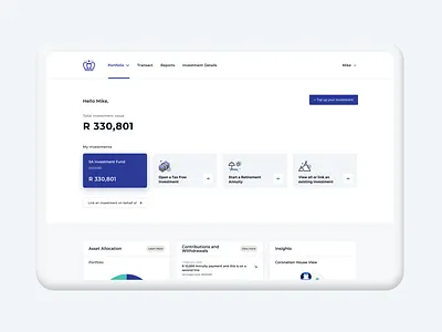 Coronation app blue clay clean dashboard design desktop digital finance funds graphs icon investment isoflow mobile rebrand saving ui ux white