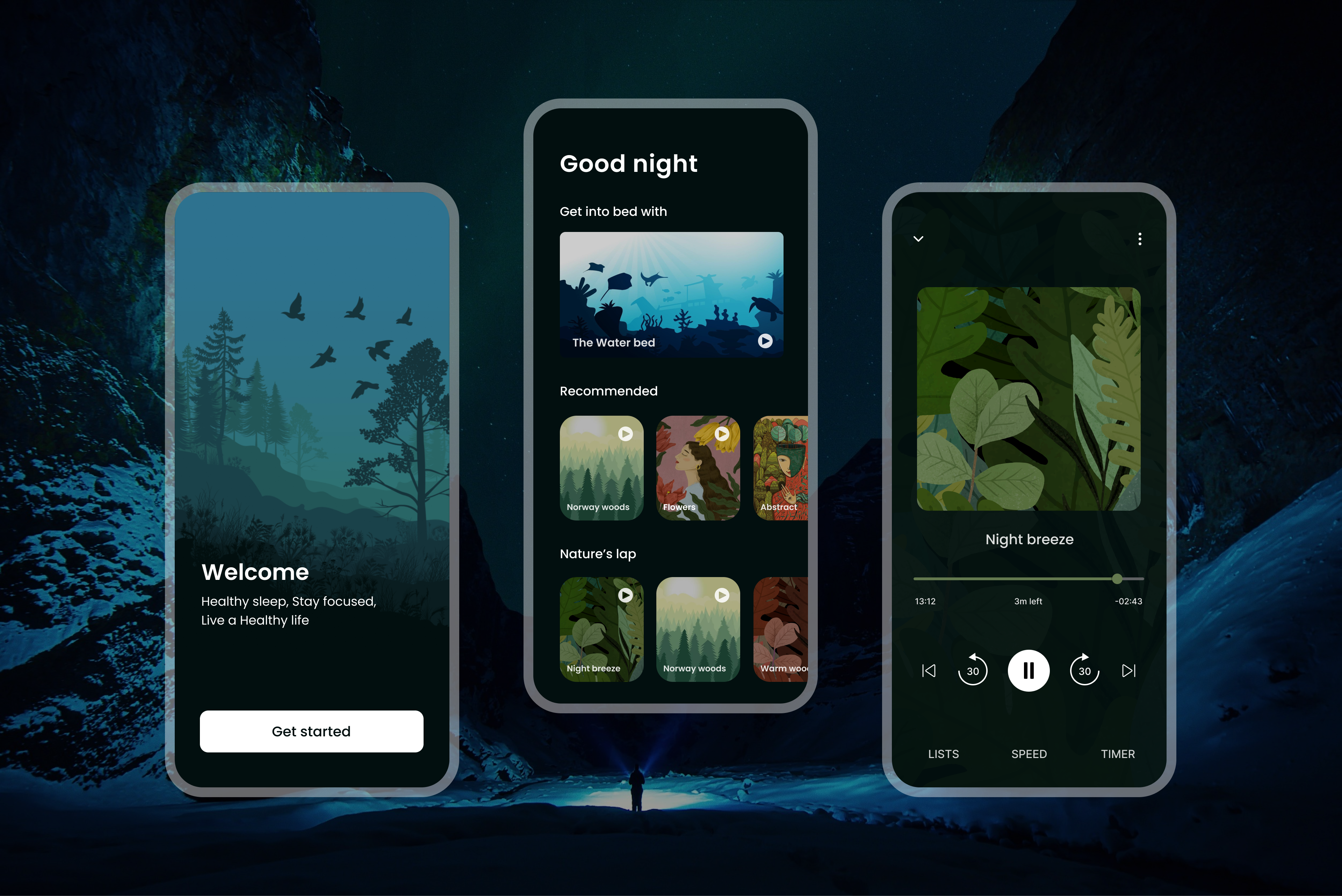 Sleep Meditation Application Mockup better sleep dark theme good night health app meditation meditation and sleep meditation applications mental minimal mockup modern nature play clip relaxing app sleep sleep and meditation app sleep app sleep time sleep tracking ui design