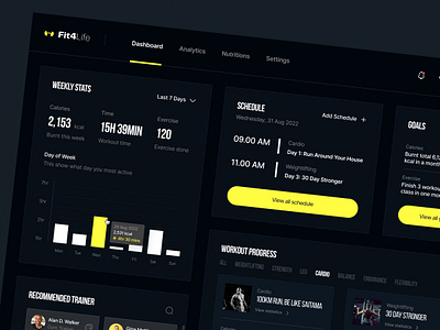 Fit4Life - Fitness Wep App UI Design application apps black dashboard fitness gym mobile product design trainer ui ux web app web design