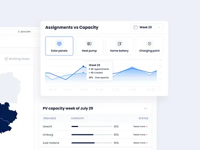 Capacity Map. Company's working areas admin panel capacity charts crm dashboard design dashboard ui design management map design navigation product design saas solar panels statistics tabs ui ux web application web design widgets