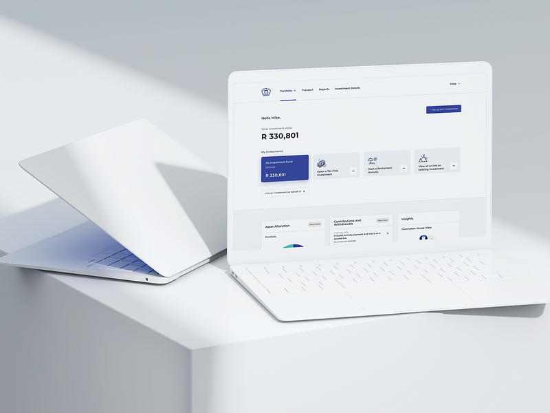 Coronation Investments clay clean dashboard desktop finance flat icons investment isoflow mobile mockup platform portolfio reports setup ui ux white