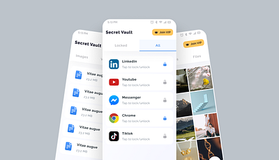 Private Data Lock App: Design Concept for Secret Vault appconcept card design card view file view grid design home screen iap design media view design private locker secret vault secure data