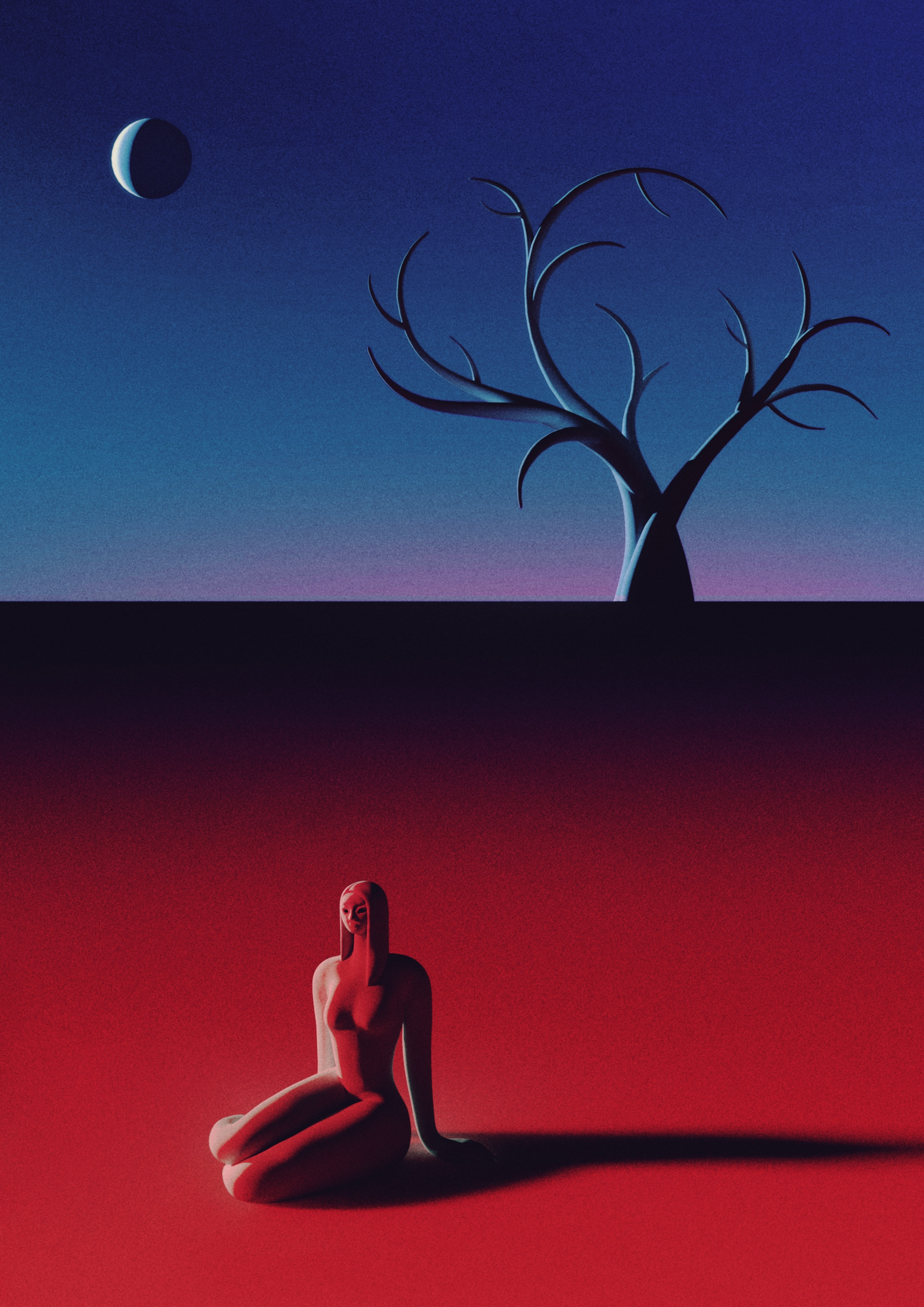 Before dawn 3d 3d illustration 3d landscape 3d scene 3d woman blender blue cgi dawn desert design digital art girl illustration landscape moon night red render tree