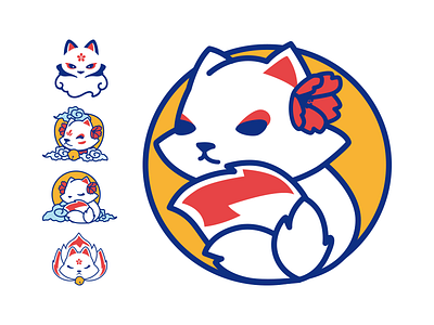 Kitsune logo branding cherry blossom cute fantasy creature flat design japan kawaii kistune logo logo study nine tails vector design white fox