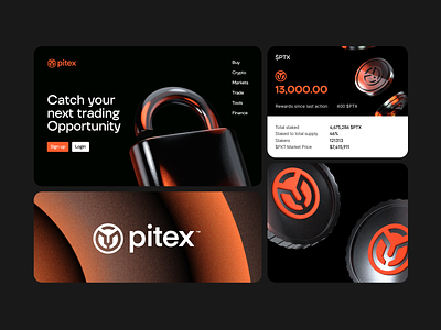 Pitex: Branding 3d black blockchain branding cinema4d crypto design graphic design illustration logo orange ui ux vector website