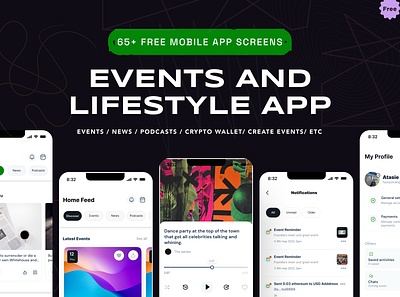 Vivibe Event and Lifestyle App - Free Resource android app app ui asset create event crypto design event app fintech payments free resource home page lifestyle app mobile app mobile design news app notificiations podcast app restaurant app settings template ui