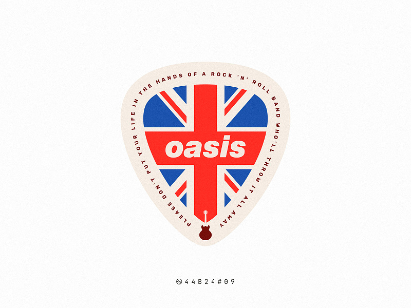 44B24#09 badge britpop england flag guitar illustration logo manchester music oasis pick retro rock sticker uk united kingdom vintage