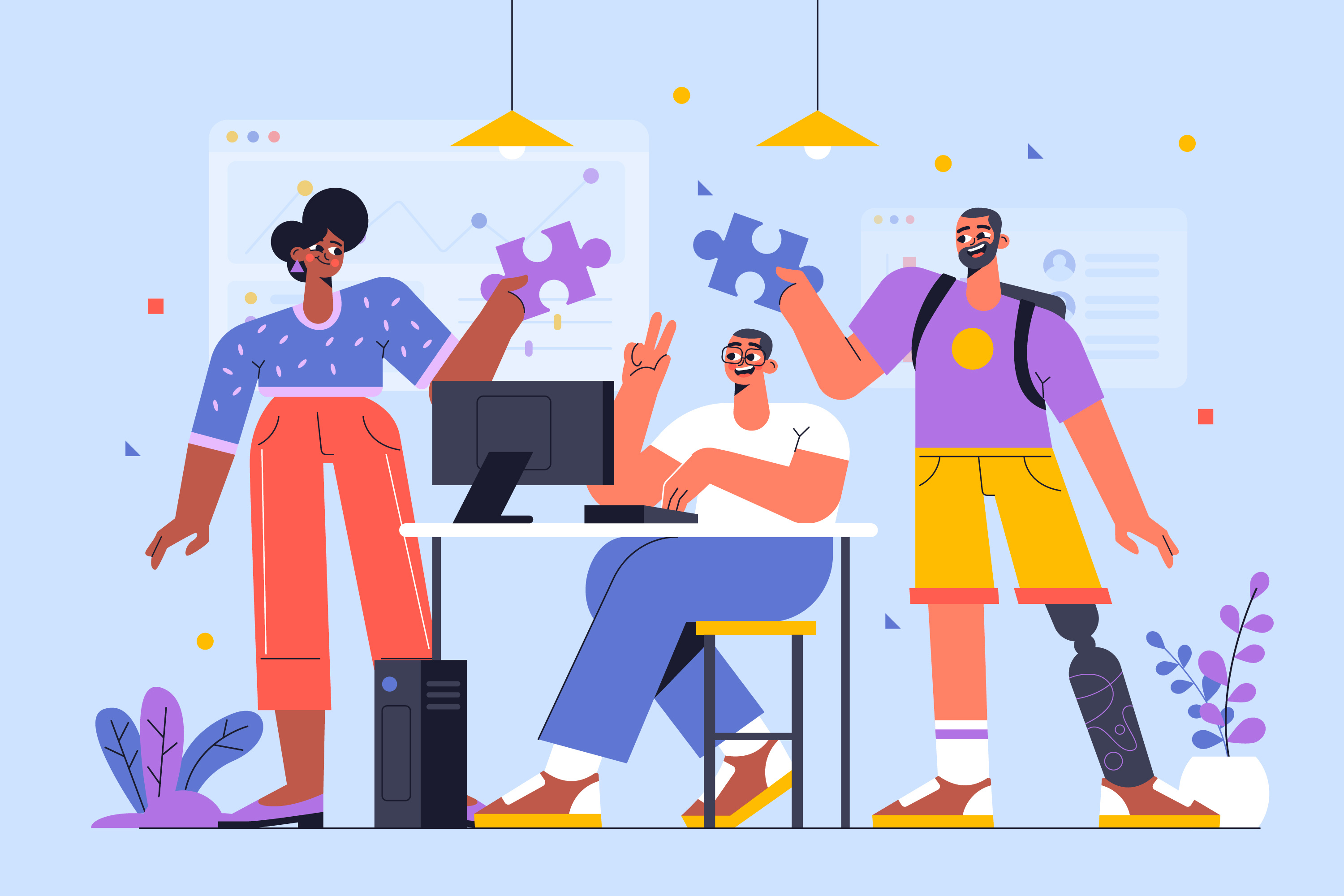 Teamwork blue character design flat freepik fun illustration job office people person software team teamwork tech work yellow