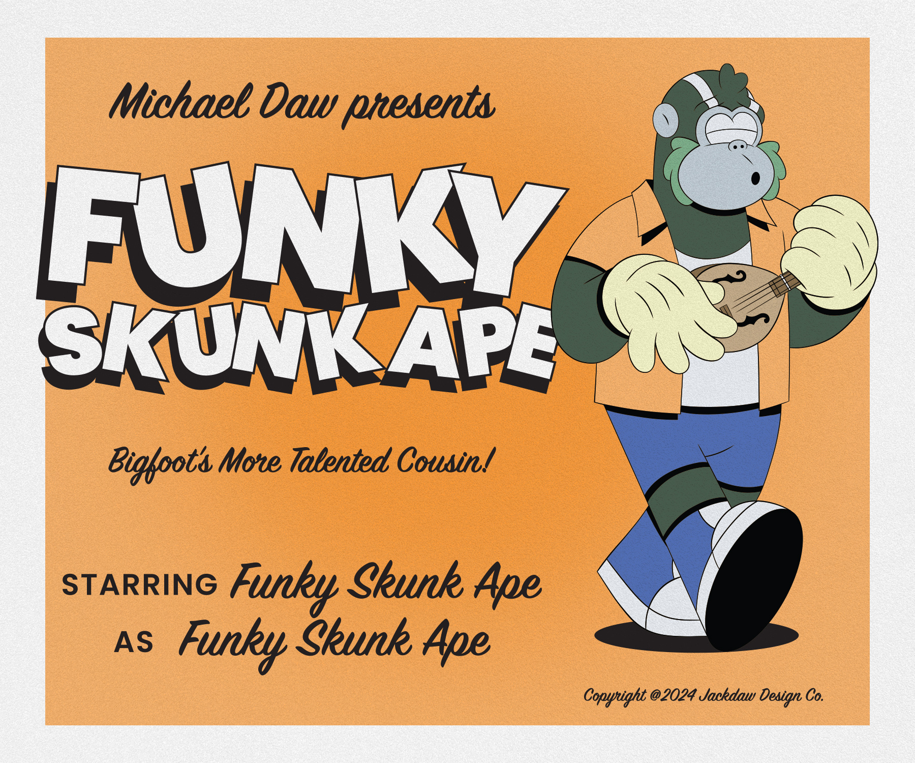 Funky Skunk Ape ape bigfoot cartoon character design cryptid design florida illustration mandolin mascot mascot design sasquatch skunk skunk ape swamp typography